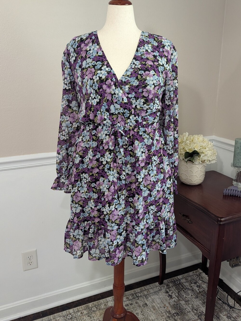 Blue And Purple Floral Dress With Long Sleeves, Size XL - Picture 2 of 7